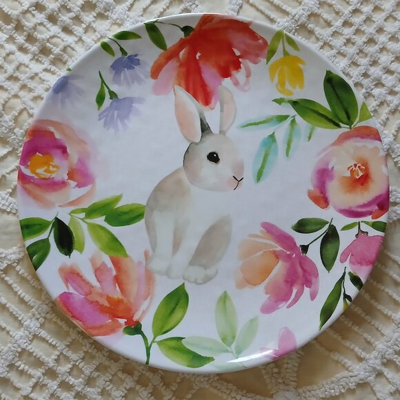 Nicole Miller Melamine Platter-Bright Floral and Bunny Design 14" - Picture 1 of 5